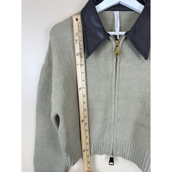 Anthropologie Vegan Leather Mixed Cardigan Sweater Women’s XS Collared Croped - Picture 9 of 13